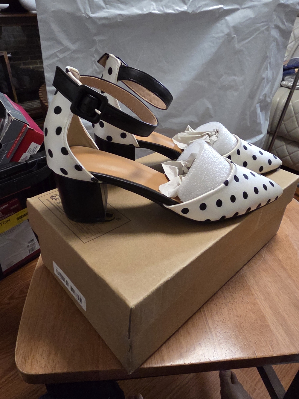 Polka Dot Block Heel Pumps in White/Black